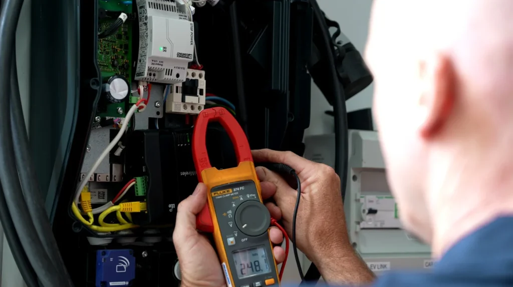 Volteam crew check and service solar panel with voltmeter