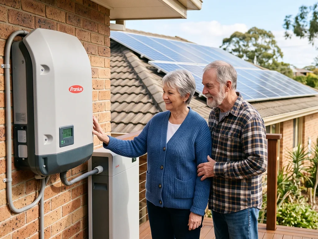 Senior homeowners standing on a wooden deck in Brisbane, examining a wall-mounted Fronius solar inverter installed on a brick wall outside their house.