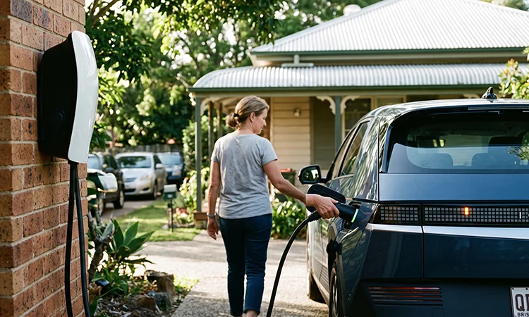 A woman plugging an electric vehicle charging cable into her dark blue EV parked in the driveway of a Brisbane suburban home with a wall-mounted charger on a brick pillar.